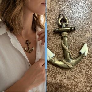 Vintage Nautical Anchor Pendant Gold Tone Rope Enamel Coastal Charm 2”